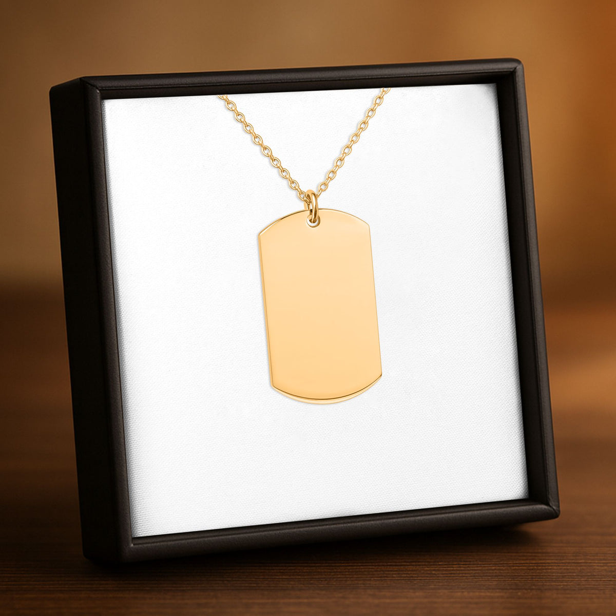 Gold-plated tag pendant necklace, shown blank before engraving (supplier photo)