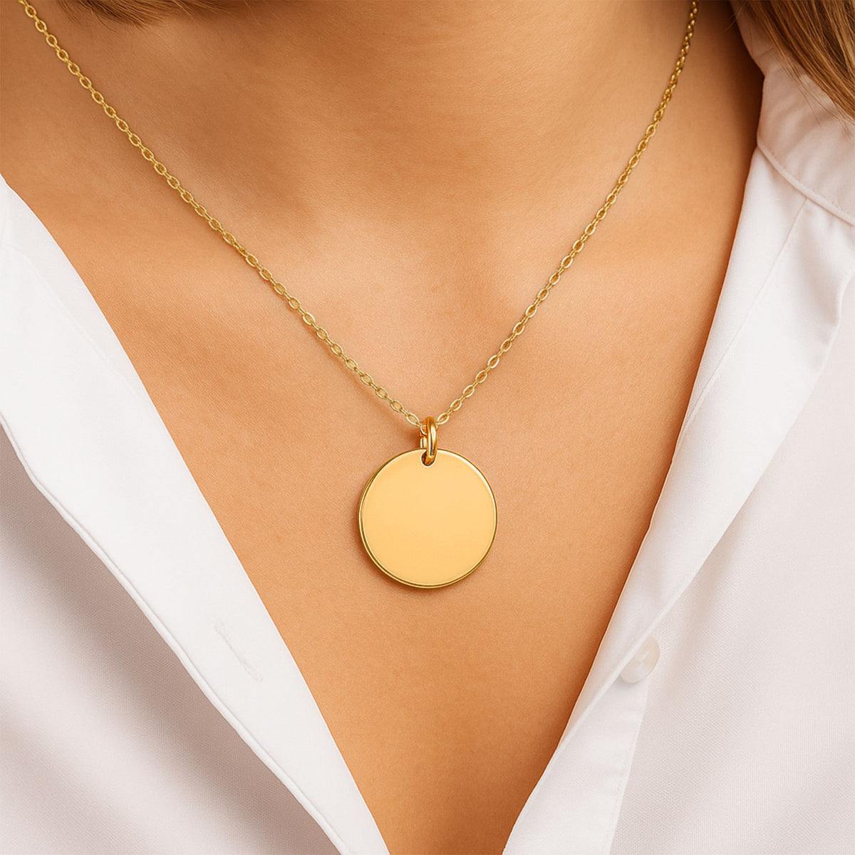 Gold-plated coin pendant necklace, shown blank before engraving (supplier photo)