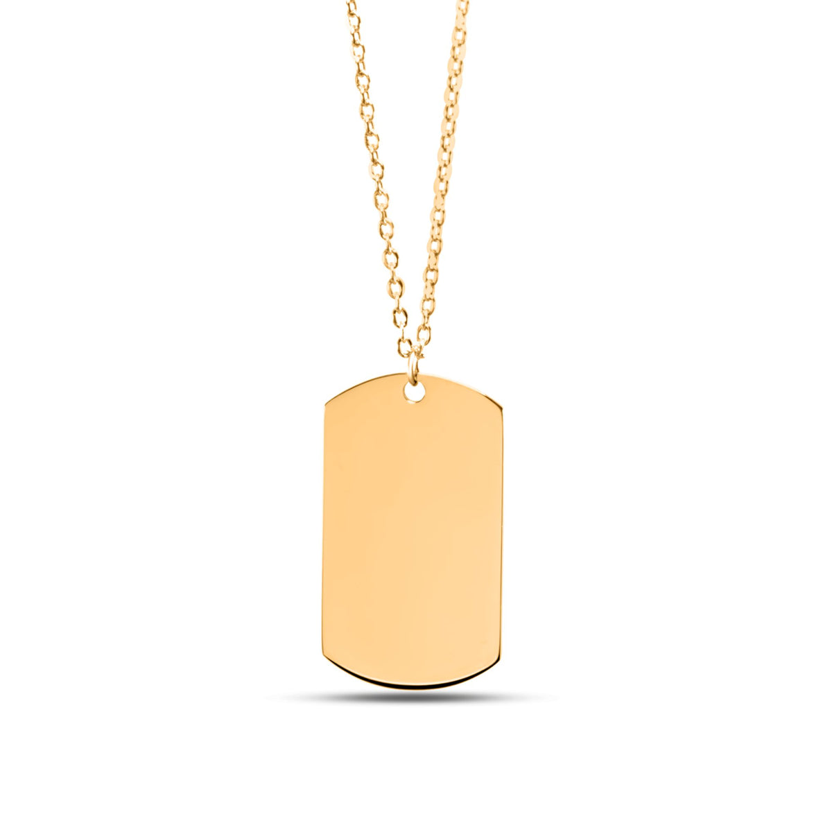Gold-plated tag pendant necklace, shown blank before engraving (supplier photo)