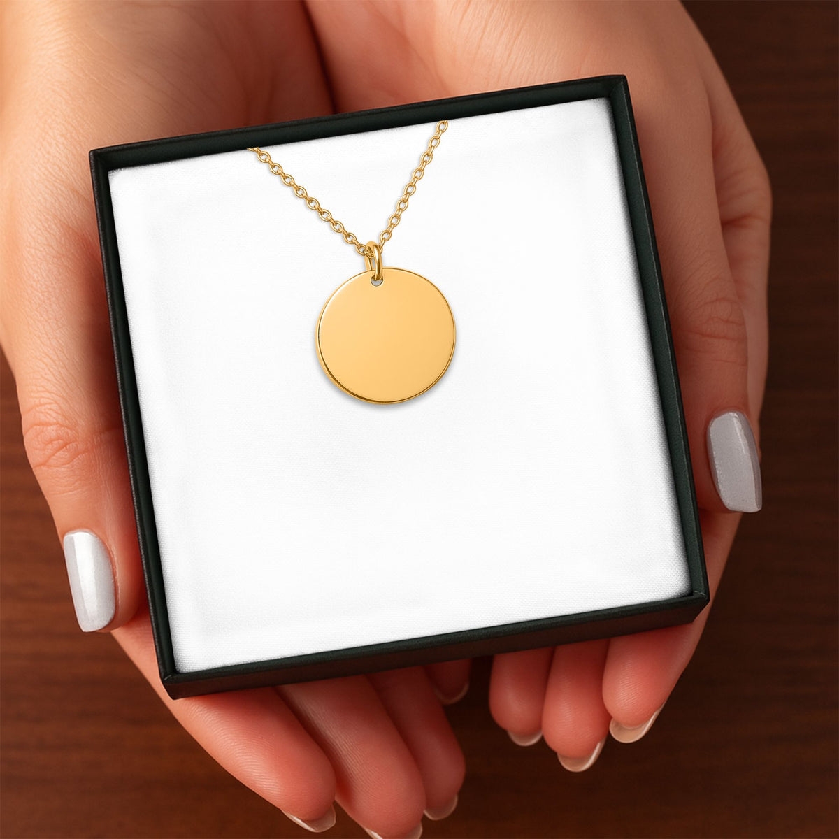 Gold-plated coin pendant necklace, shown blank before engraving (supplier photo)