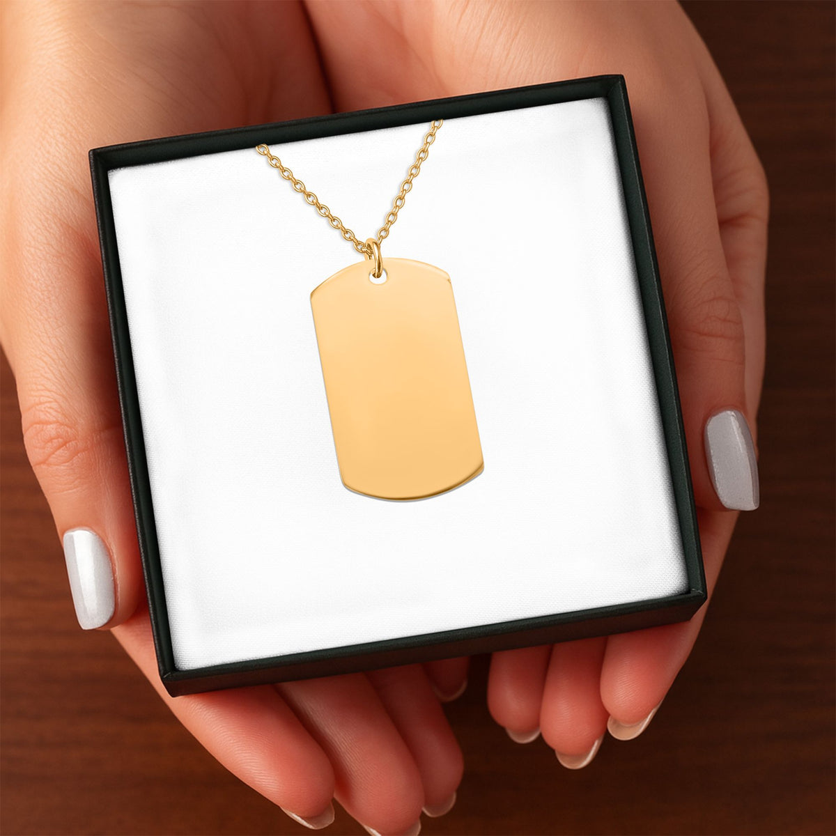 Gold-plated tag pendant necklace, shown blank before engraving (supplier photo)