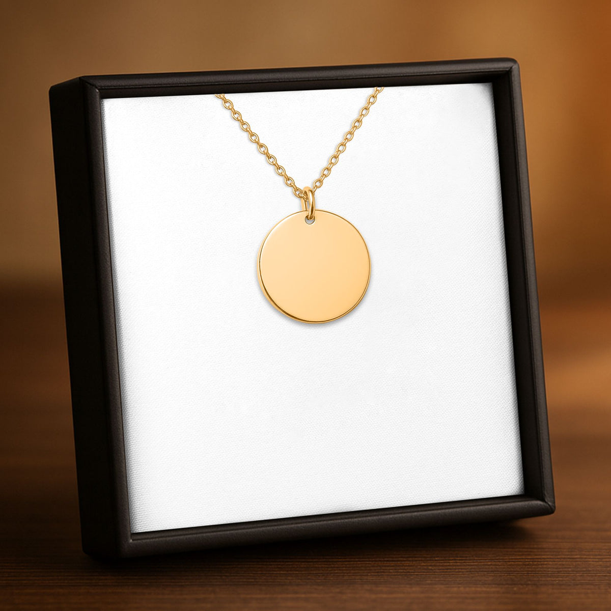 Gold-plated coin pendant necklace, shown blank before engraving (supplier photo)