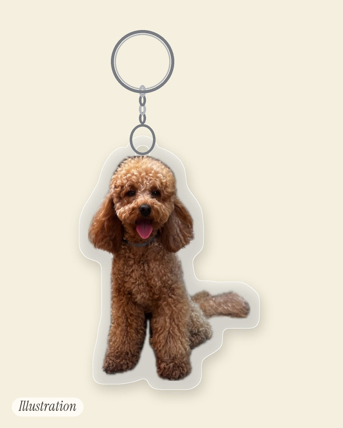 Illustration of Leo as a Mini Me Charm, a clear acrylic keychain cut to his outline. Not a photo of a finished charm.